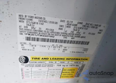 2019 Ford Expedition Max Xlt from USA, damaged, VIN 1FMJK1JT9KEA51902